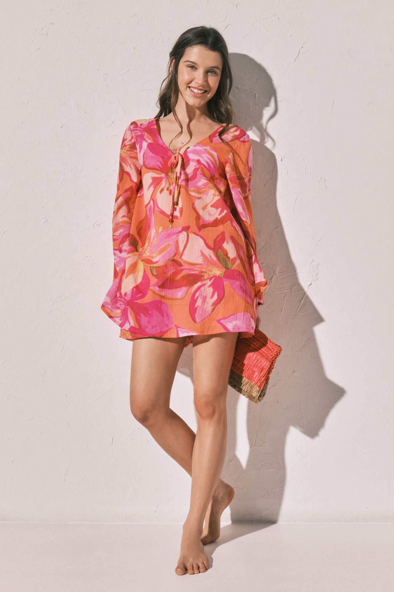 Short tunic dress with maxi floral print
