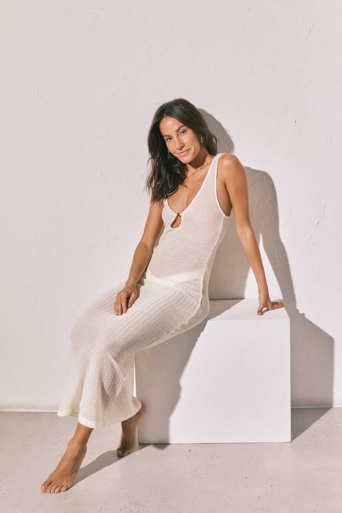 Long white crochet dress