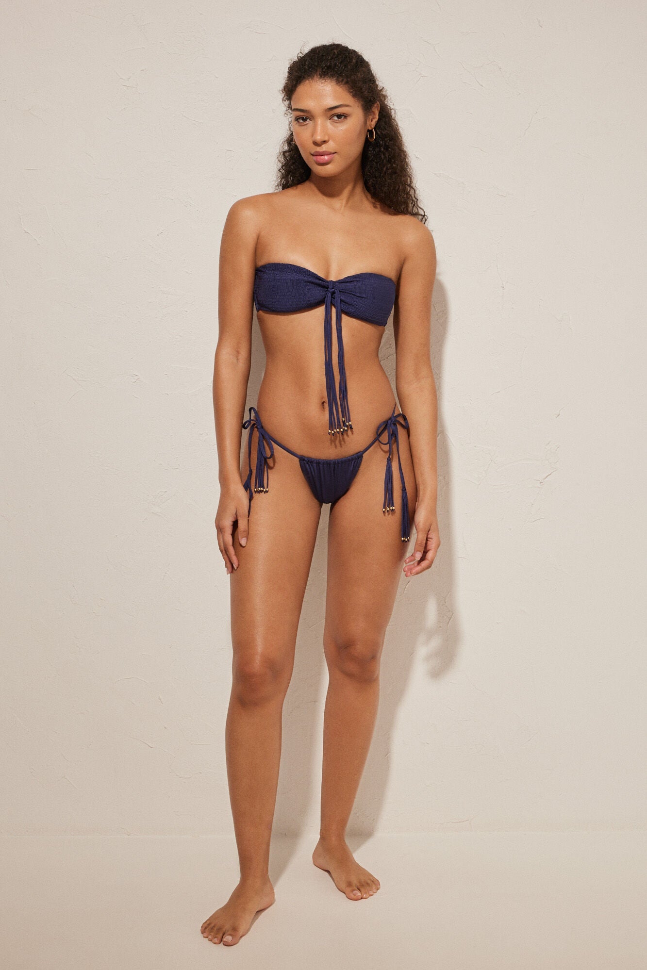 Navy blue fringed bandeau bikini top