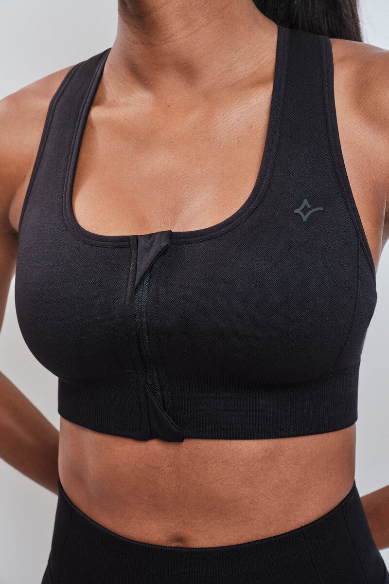 Seamless Fit Black Zip Sports Bra