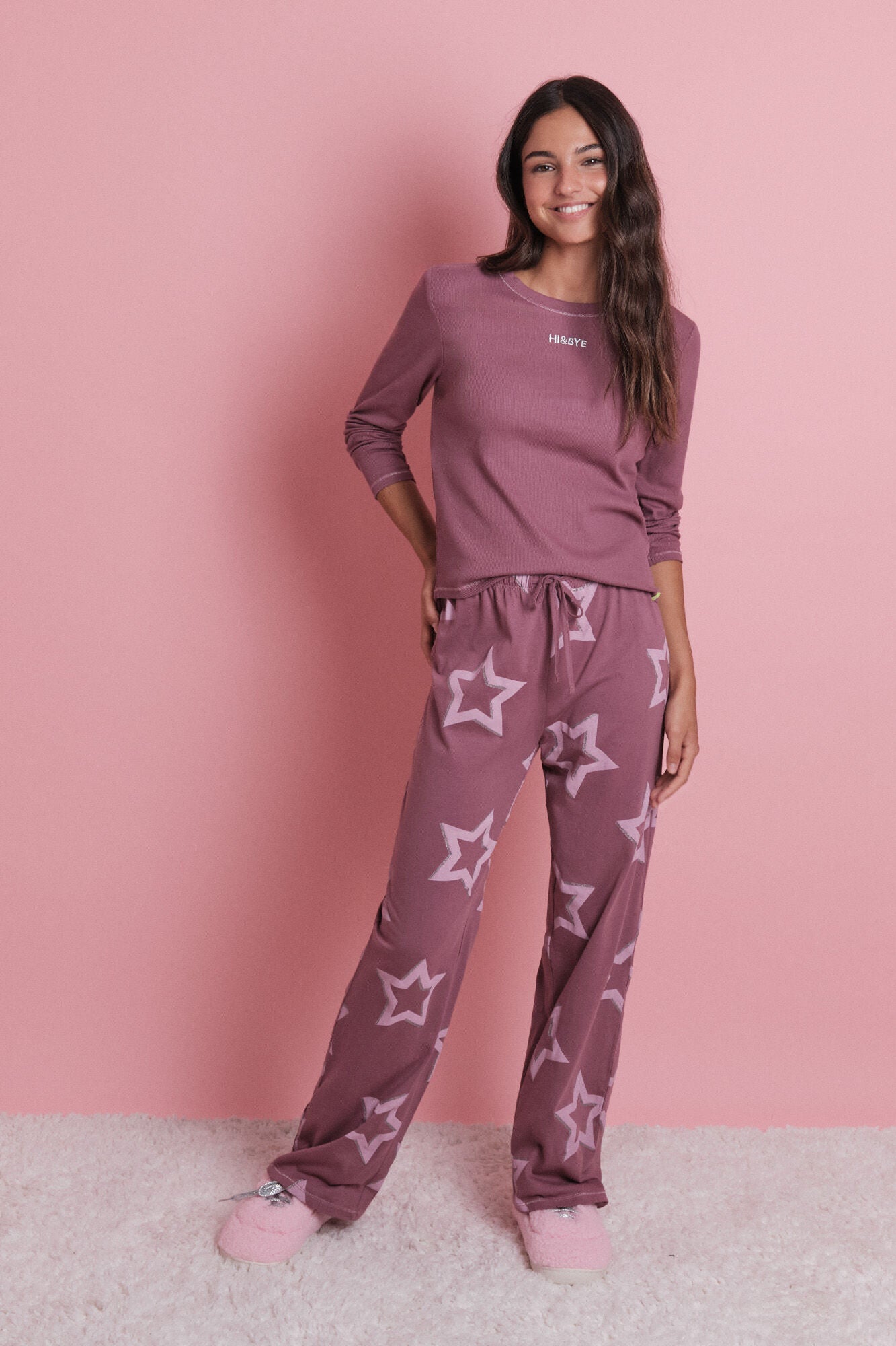 Pink cotton long pajamas with stars