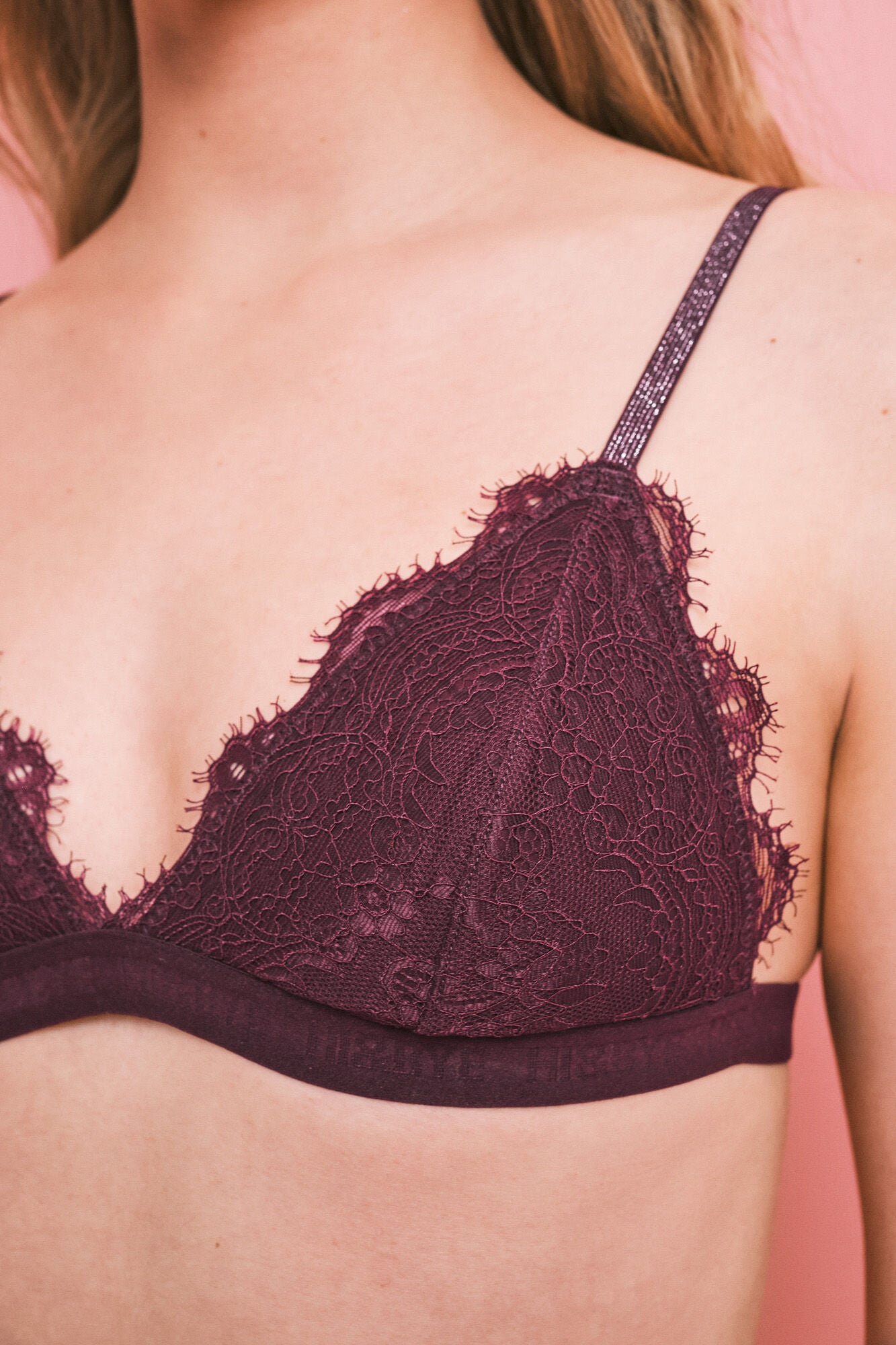 Triangle bra with padded burgundy lace