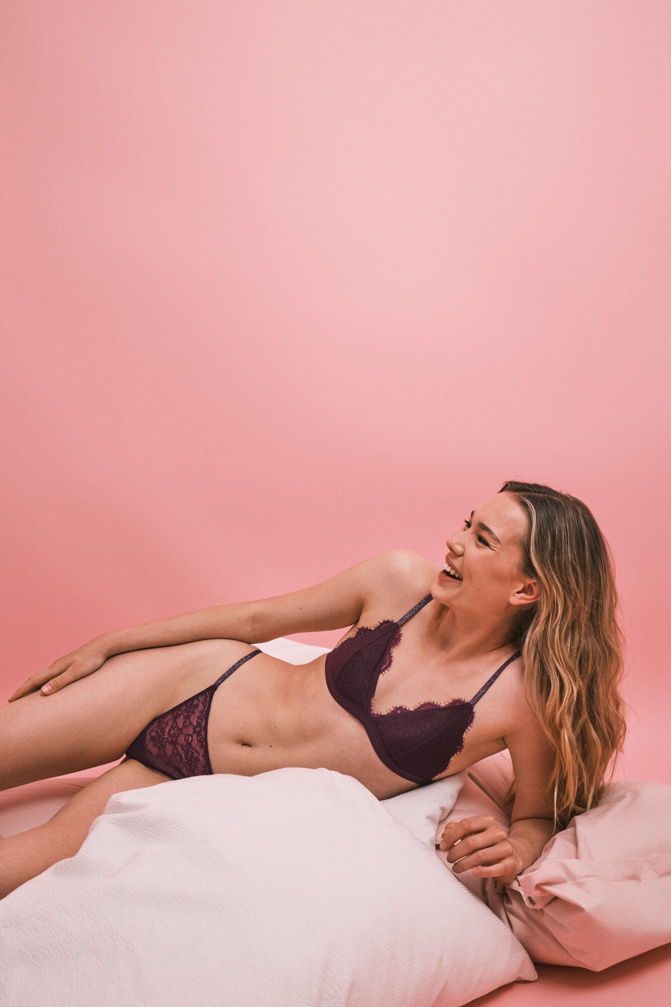Triangle bra with padded burgundy lace