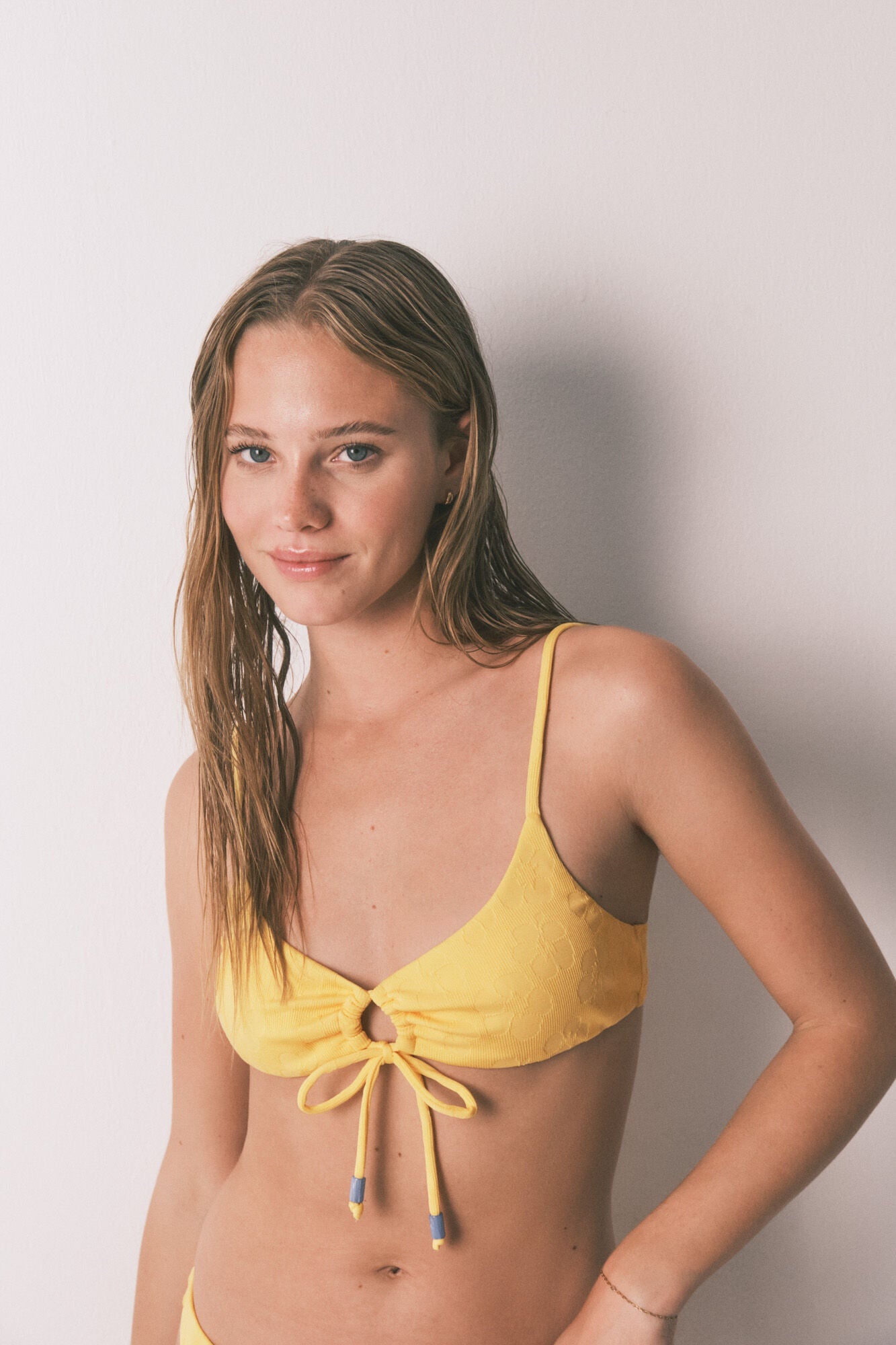 Yellow textured, adjustable front bikini top